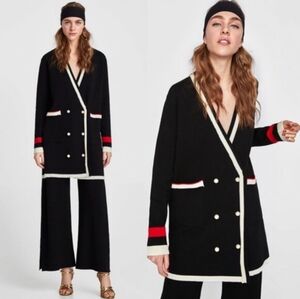 Zara knit Cardigan Small Black Pearl Buttons Double Breasted Blogger Favorite